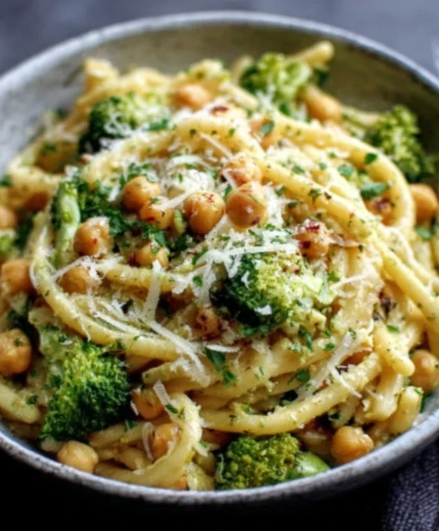 Broccoli Chickpea Pasta with Garlic Olive Oil