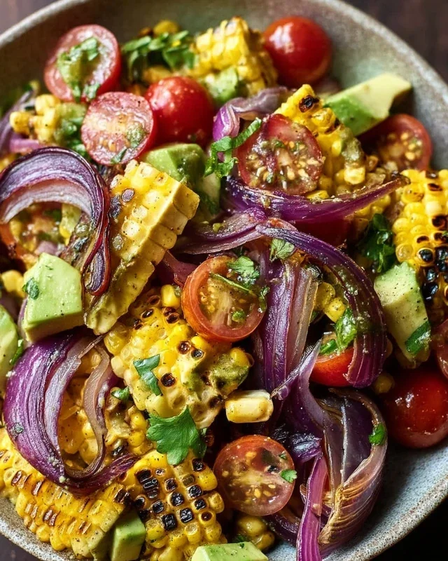 Charred Corn Avocado Salad with Roasted Red Onions