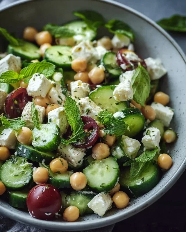 Gurkensalat mit Feta und Kichererbsen einfach zubereiten. - RezeptBrise