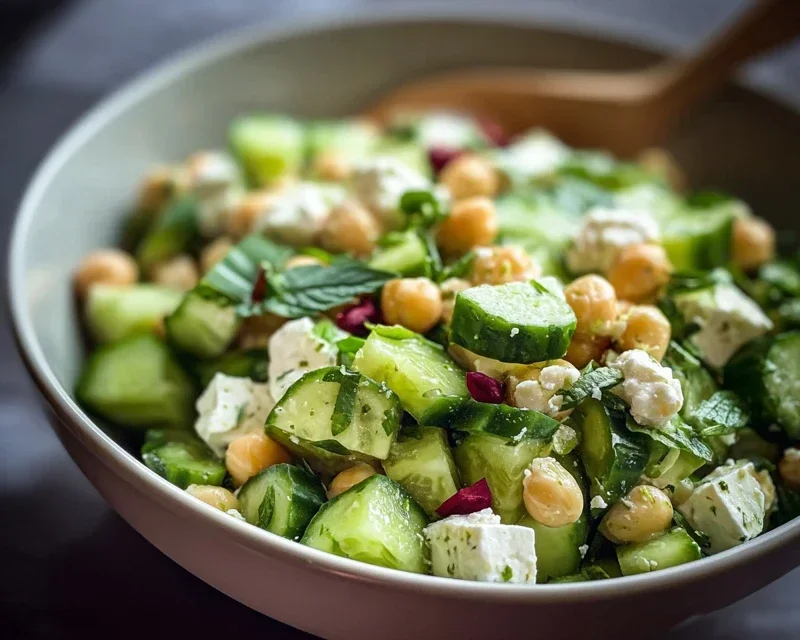 Gurkensalat mit Feta und Kichererbsen einfach zubereiten. - RezeptBrise