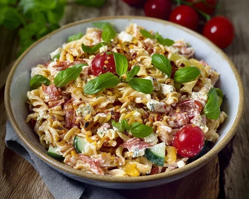 Crispy Pasta Salat mit Feta & Gemüse