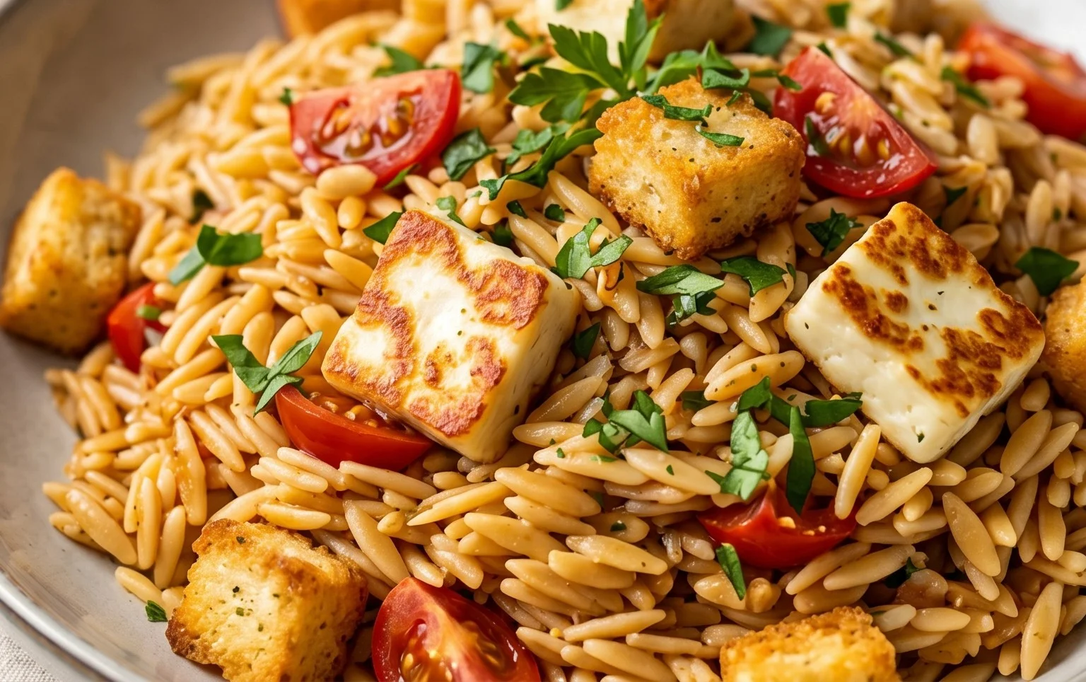 Kritharaki-Salat mit Halloumi-Croutons
