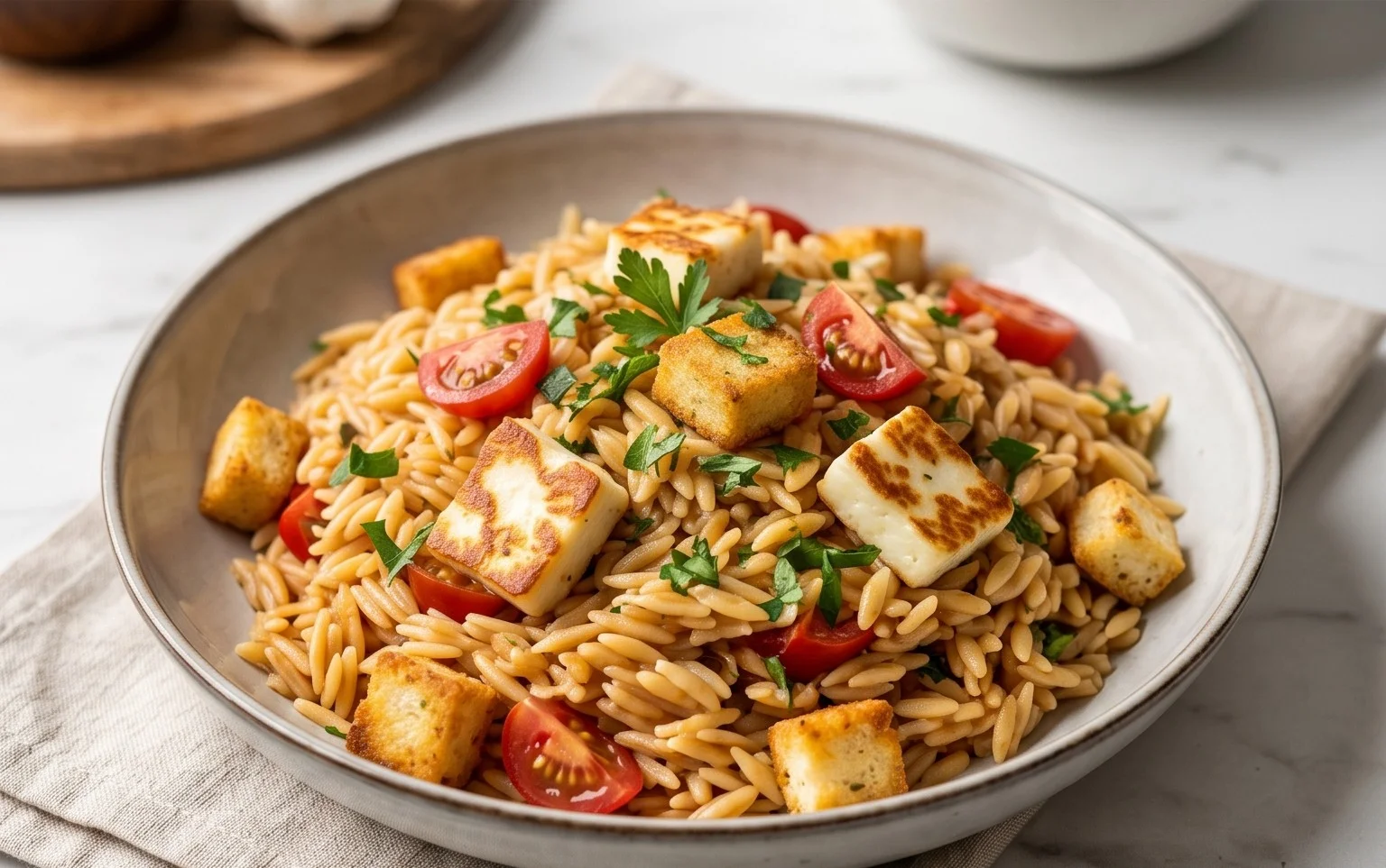 Kritharaki-Salat mit Halloumi-Croutons
