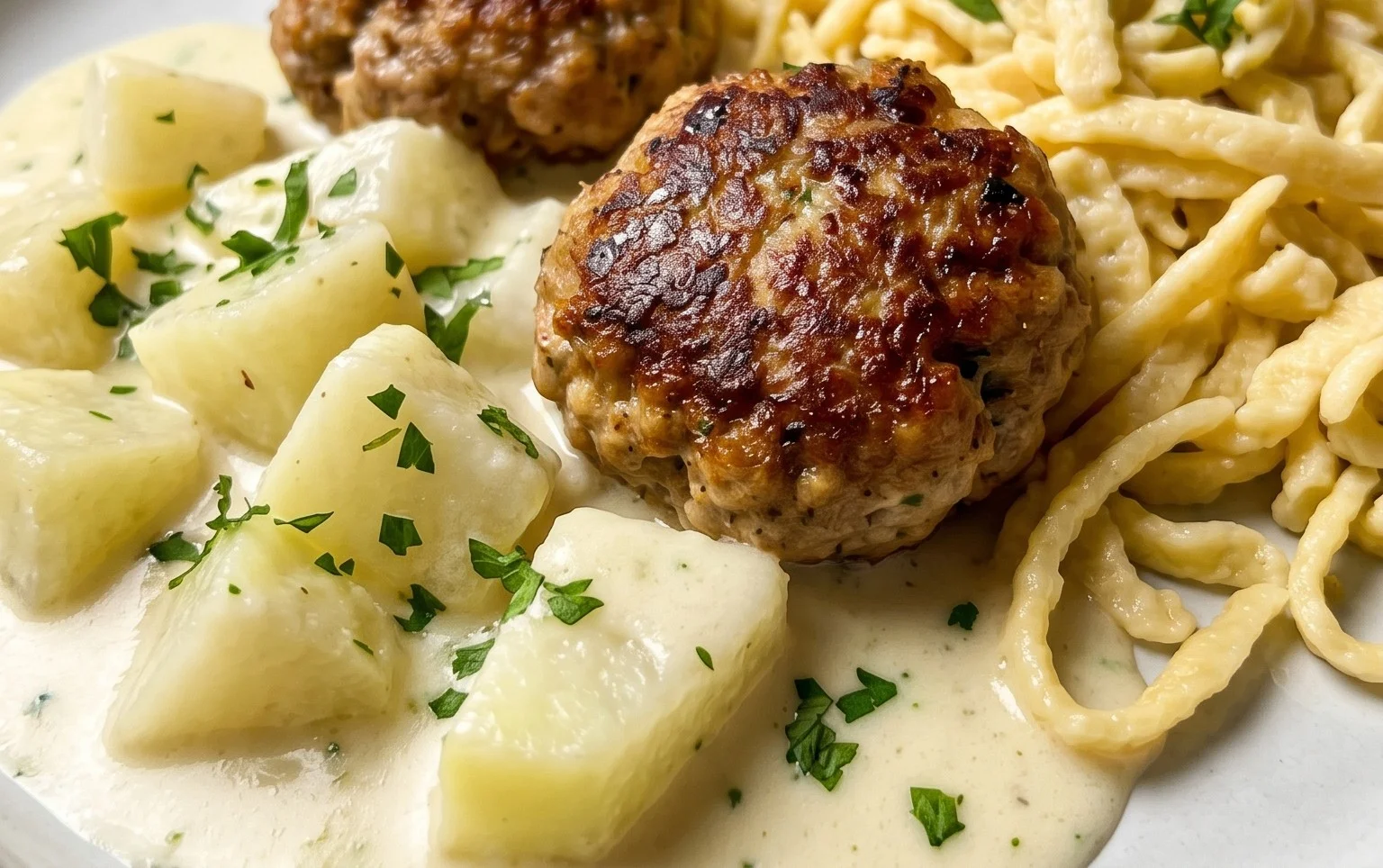 Kohlrabigemüse in heller Soße mit Frikadellen und Spätzle