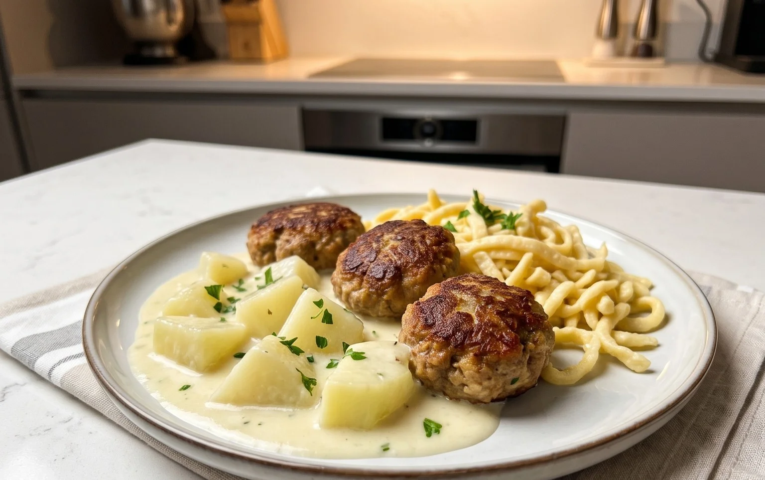 Kohlrabigemüse in heller Soße mit Frikadellen und Spätzle