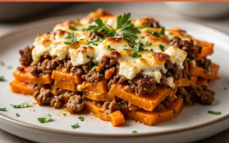 Süßkartoffel-Hackfleisch-Auflauf mit Feta