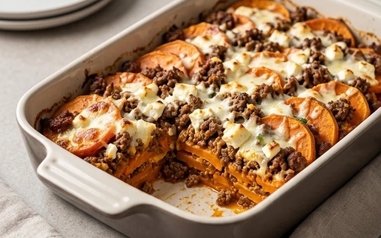 Süßkartoffel-Hackfleisch-Auflauf mit Feta