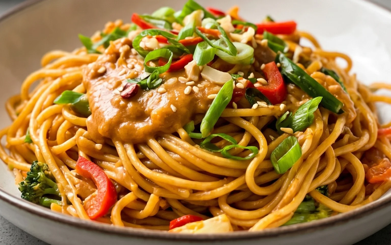Mie Nudeln mit Erdnusssauce und Gemüse