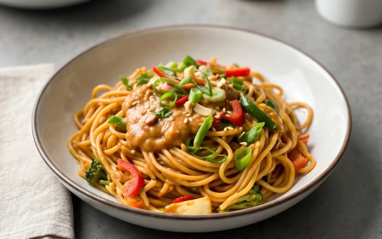 Mie Nudeln mit Erdnusssauce und Gemüse