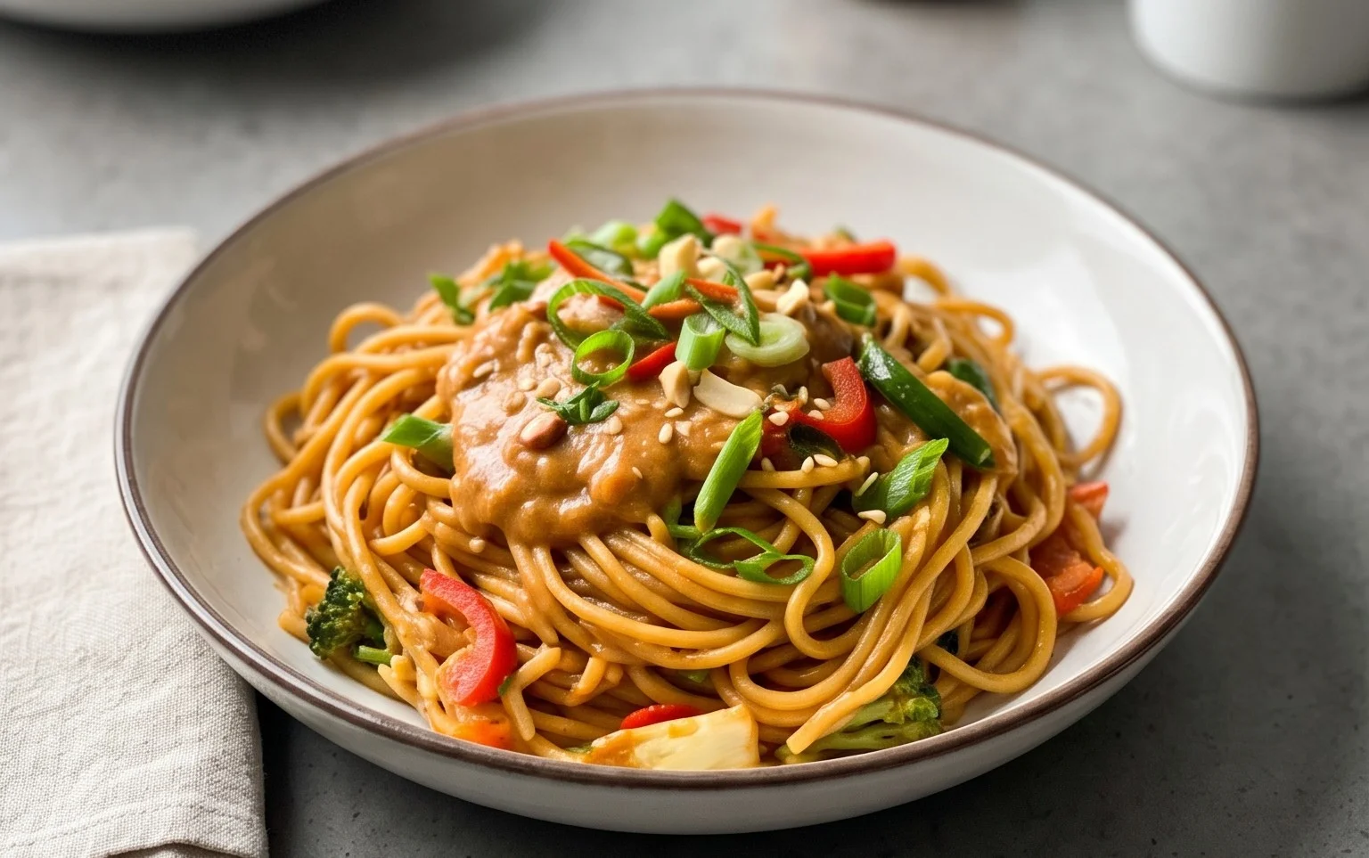 Mie Nudeln mit Erdnusssauce und Gemüse