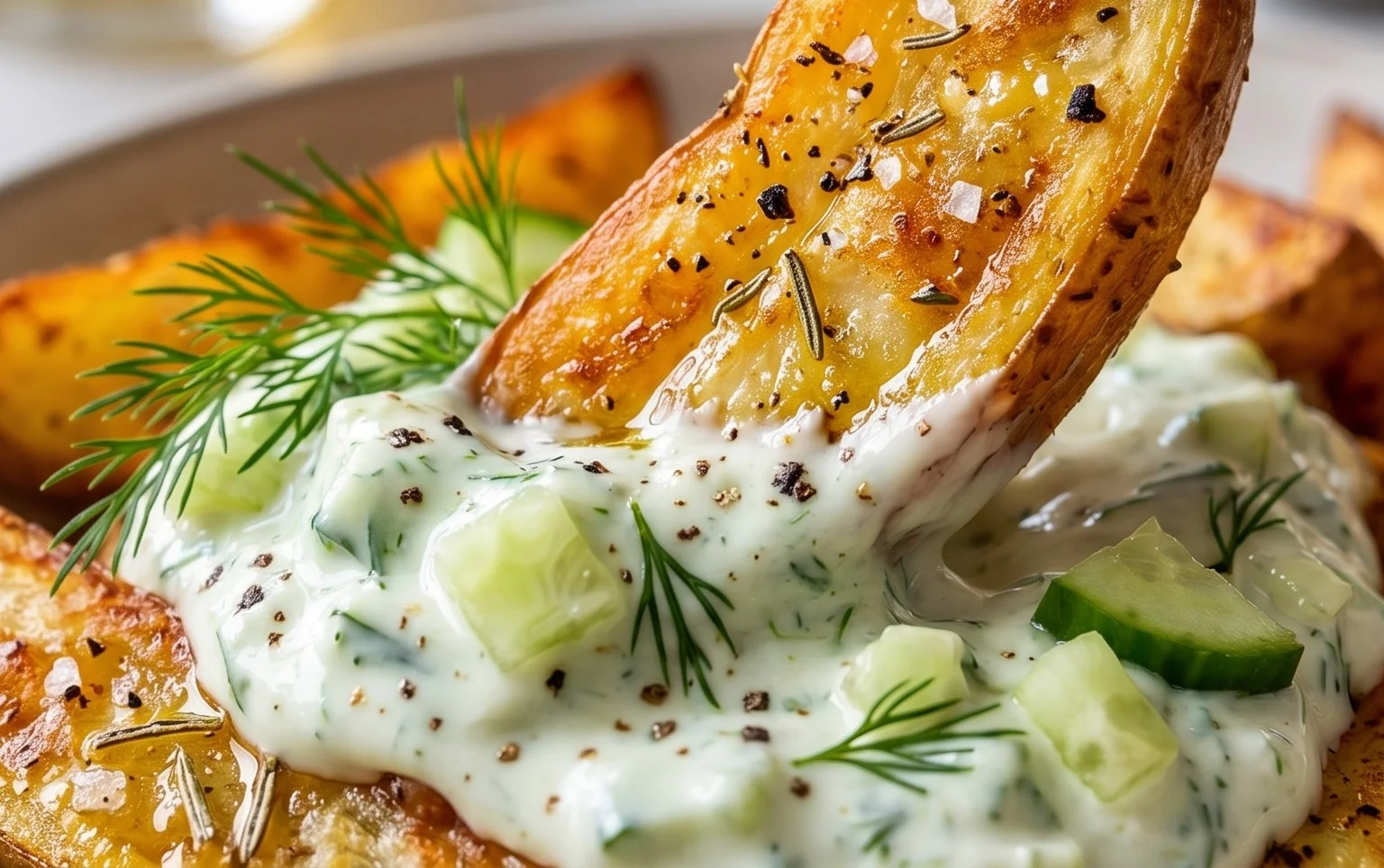 Kartoffelspalten mit Gurkendip