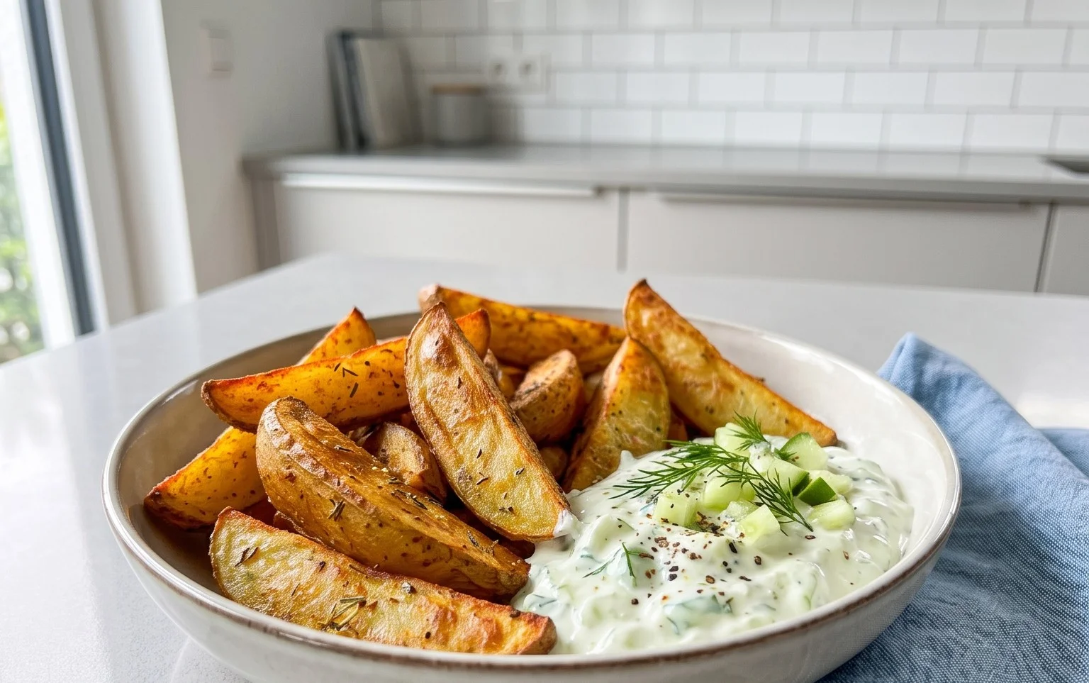 Kartoffelspalten mit Gurkendip