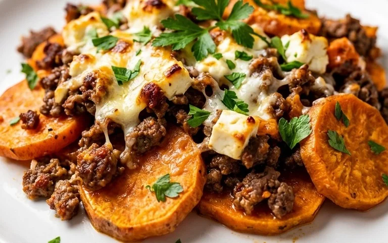 Süßkartoffel-Hackfleisch-Auflauf mit Feta