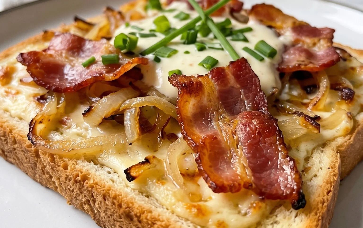 Flammkuchen Toast mit Speck und Zwiebeln