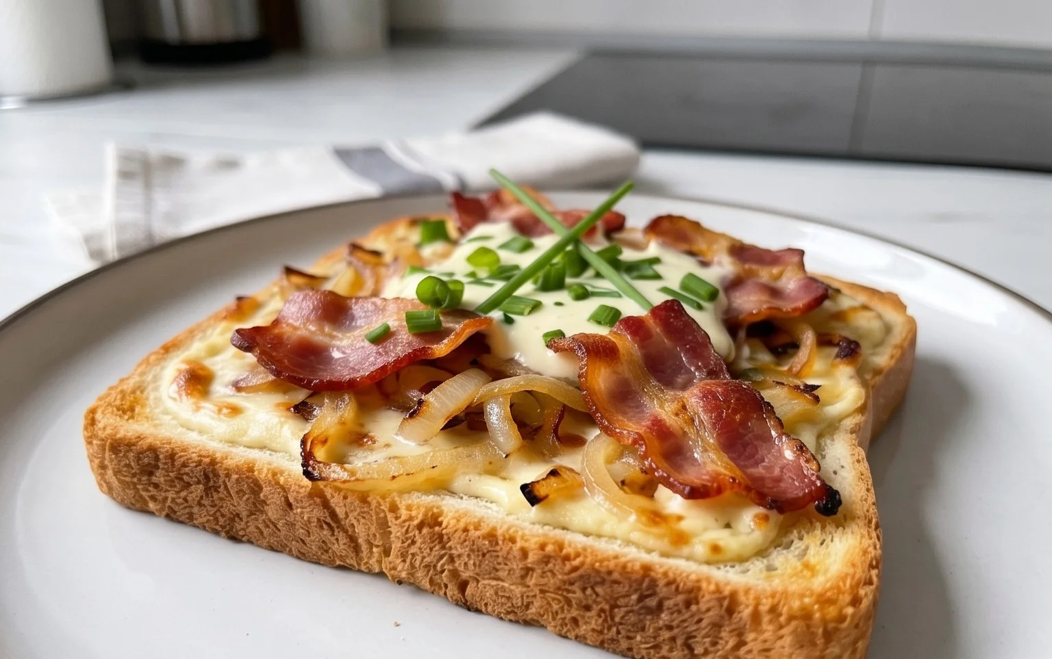 Flammkuchen Toast mit Speck und Zwiebeln