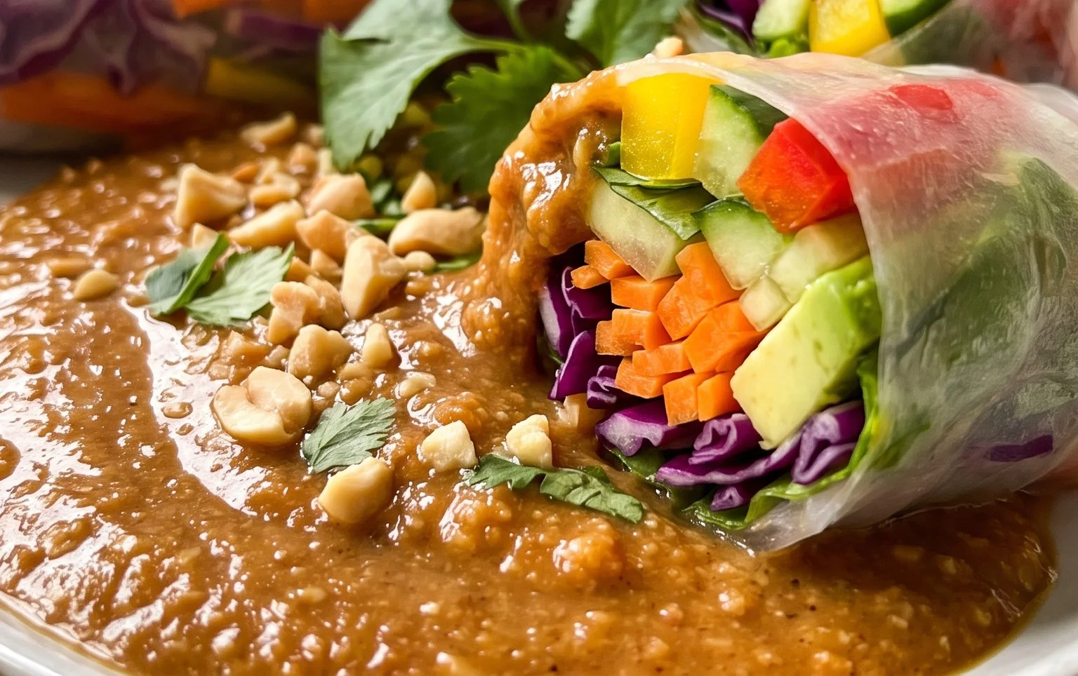 Rainbow Spring Rolls with Gin Extractger Peanut Sauce