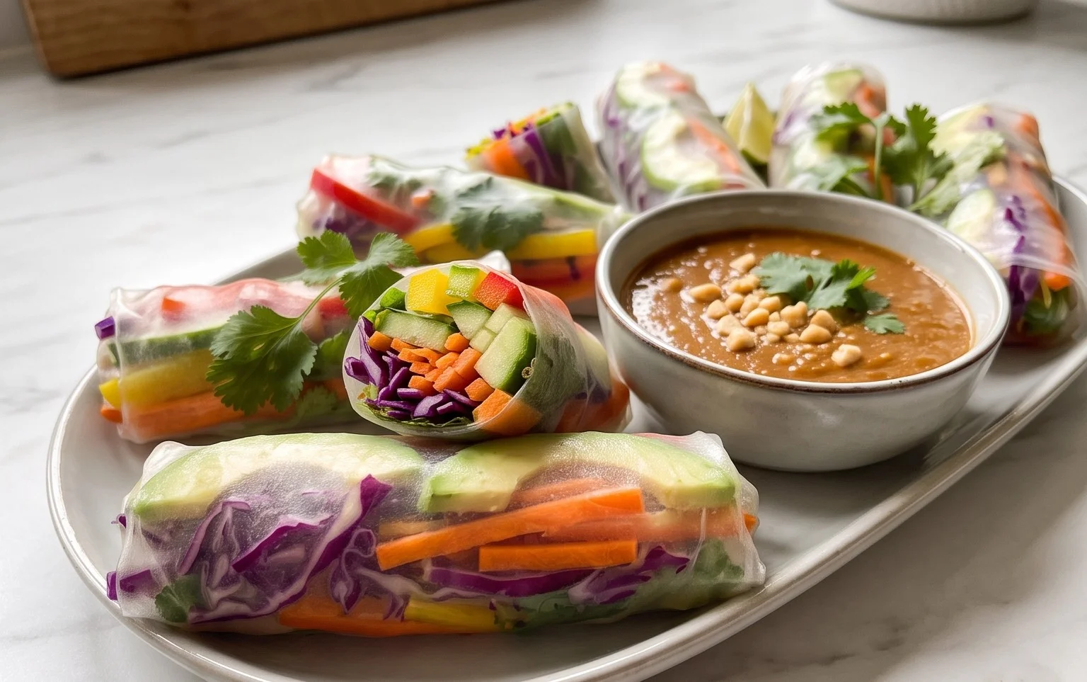 Rainbow Spring Rolls with Gin Extractger Peanut Sauce