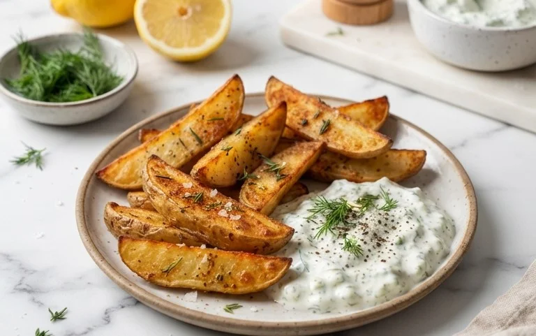 Kartoffelspalten mit Gurkendip