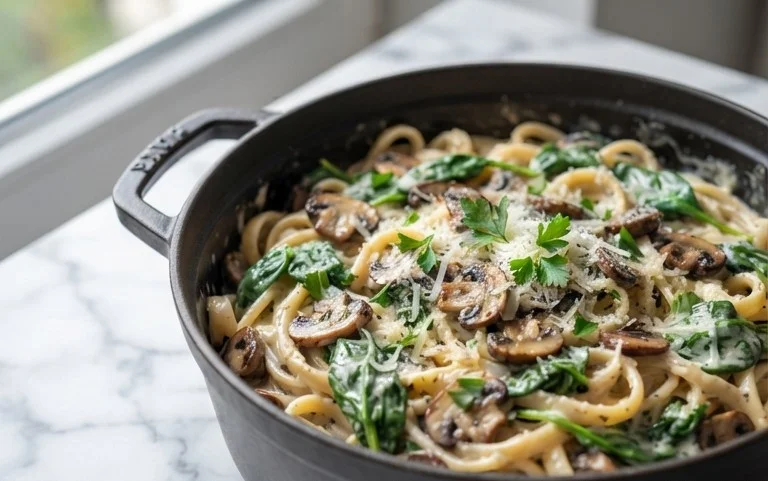 One-Pot Garlic Parmesan Pasta with Spinach and Mushrooms