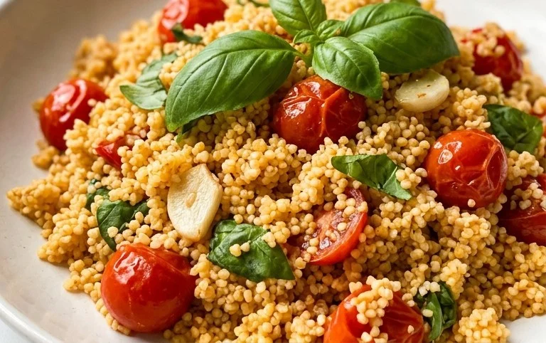 Healthy One-Pan Couscous With Garlic, Tomatoes And Basil