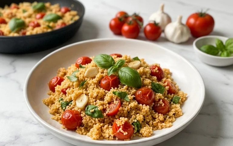 Healthy One-Pan Couscous With Garlic, Tomatoes And Basil