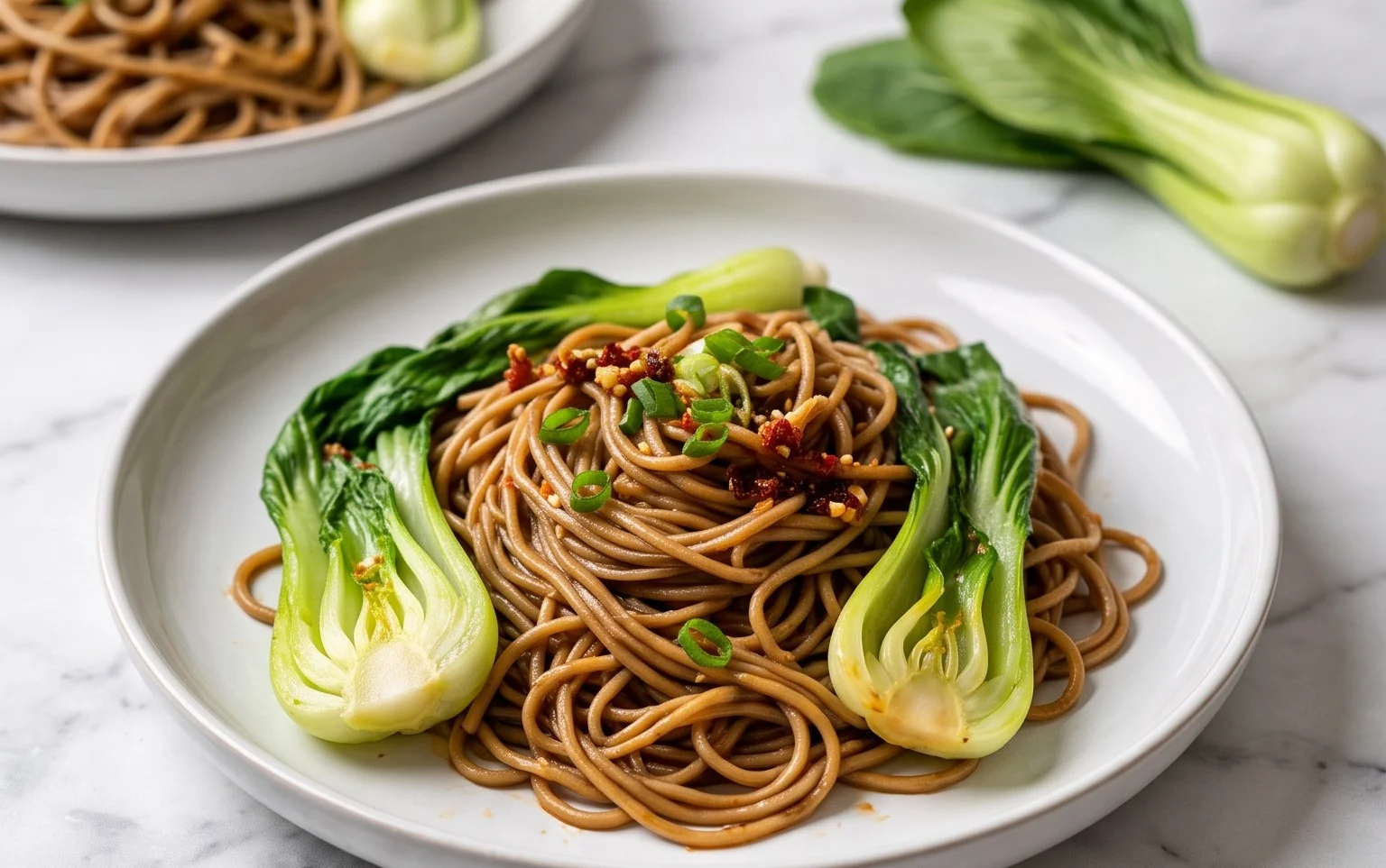 Spicy Garlic Soba Noodles with Bok Choy