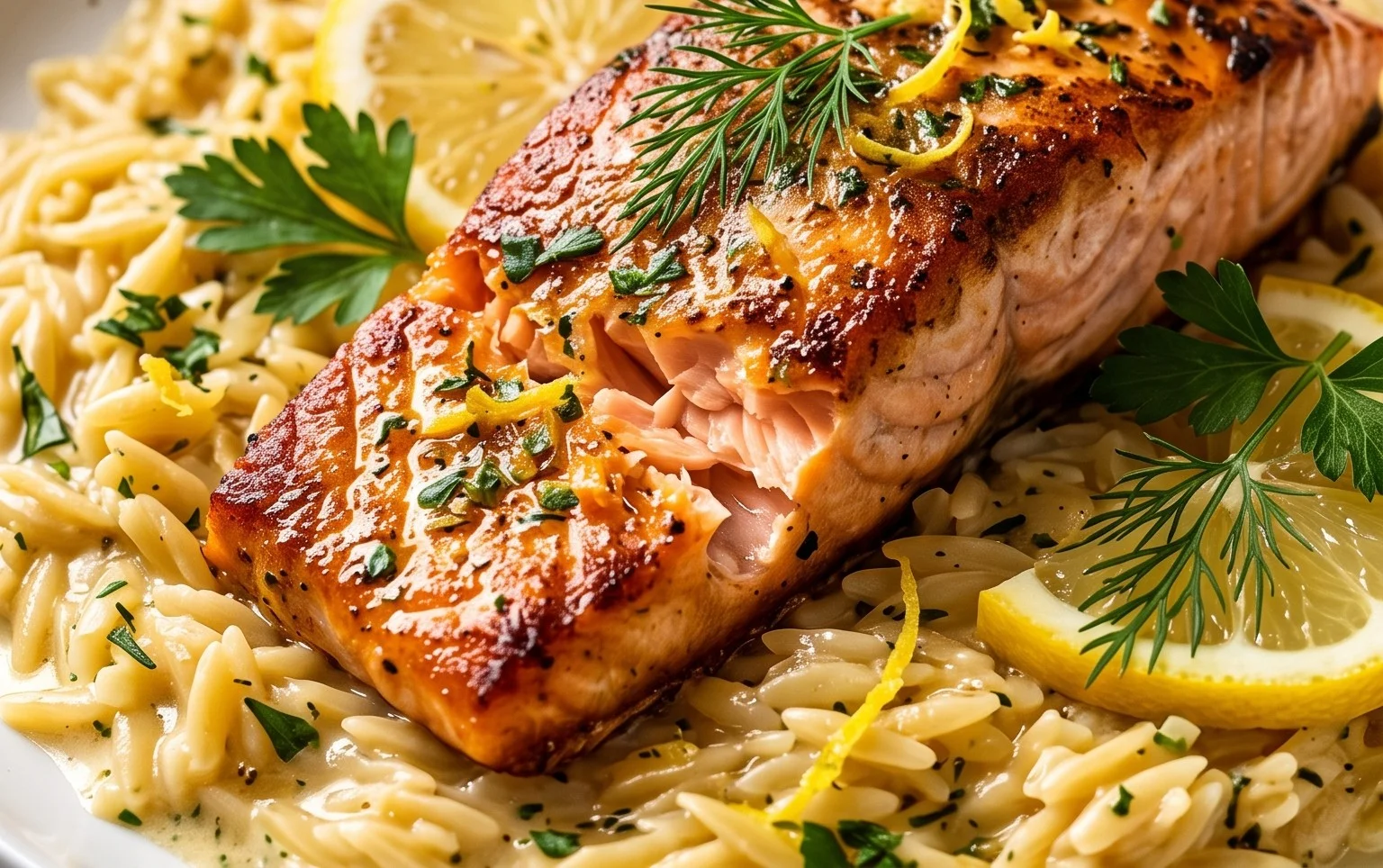 One Skillet Salmon with Lemon Orzo