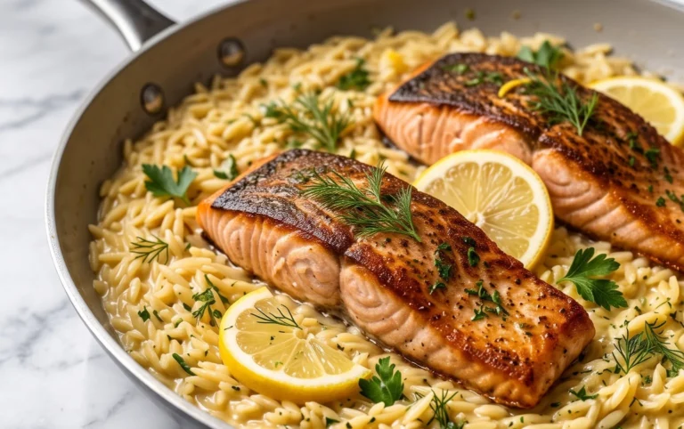 One Skillet Salmon with Lemon Orzo
