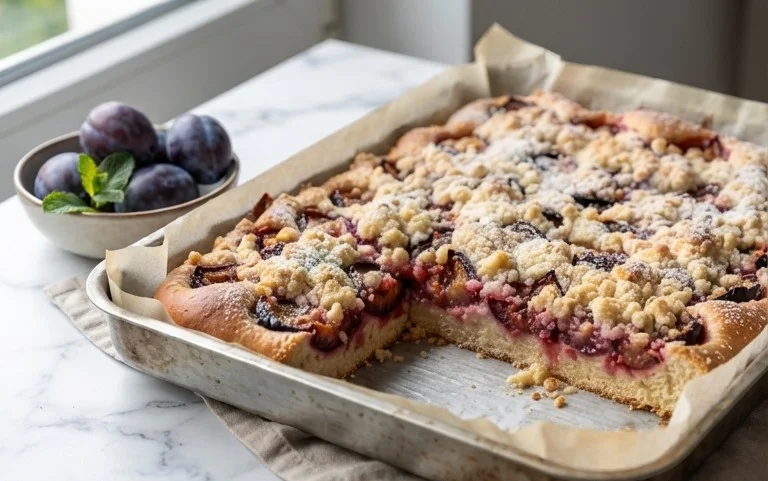 Rezept für Streusel-Pflaumenkuchen vom Blech mit Hefeteig
